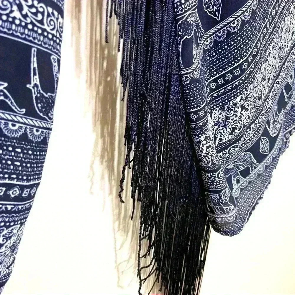 See You Monday Fringed Bell Sleeve Elephant Safari Boho Crop Back Split Top (M) - Picture 9 of 15